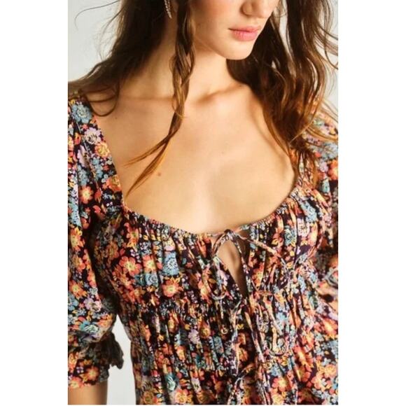Free People Show Me Love Linen Blend Floral Romper Puff Sleeve Pockets Medium - Picture 3 of 13